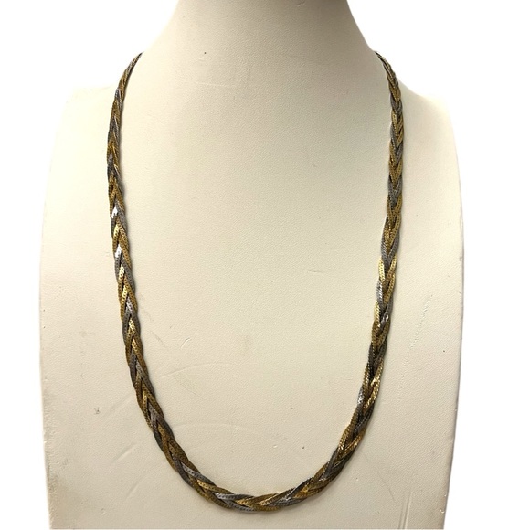 Vintage Braided Two-Tone Herringbone Chain Link Necklace Gold-tone Silver-tone - Picture 1 of 5